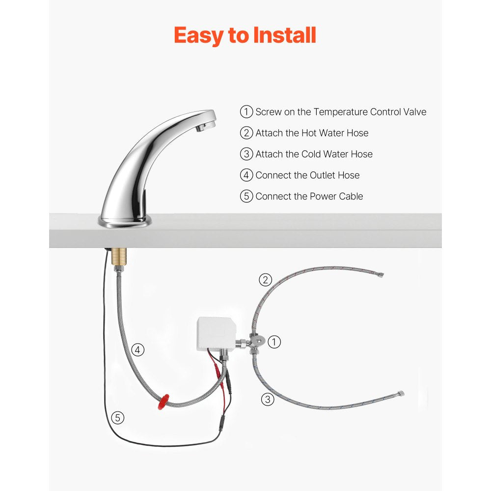 VEVOR Touchless Bathroom Sink Faucet, Automatic Motion Sensor Restroom Toilet Faucet with Hole Cover Plate, Battery Operated,Hot/Cold Water for 9/16 in Pipe Commercial Lavatory,Chrome Plated Silver