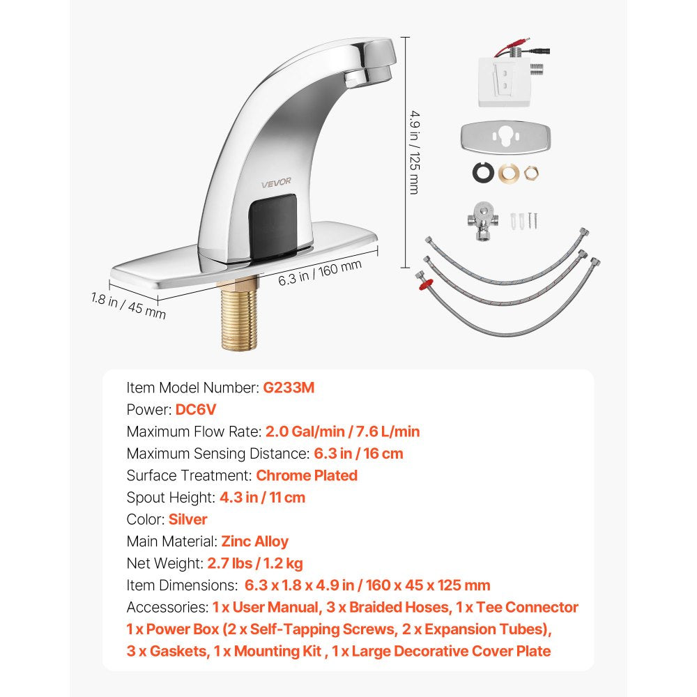 VEVOR Touchless Bathroom Sink Faucet, Automatic Motion Sensor Restroom Toilet Faucet with Hole Cover Plate, Battery Operated,Hot/Cold Water for 9/16 in Pipe Commercial Lavatory,Chrome Plated Silver