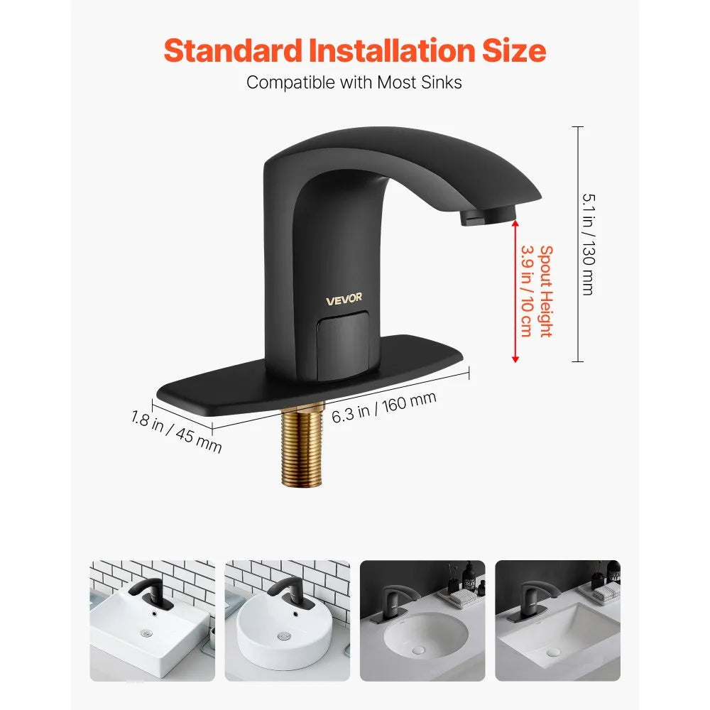 VEVOR Touchless Bathroom Sink Faucet, Automatic Motion Sensor Restroom Toilet Faucet with Hole Cover Plate, Battery Operated,Adjustable Temperature for 9/16 in Pipe Commercial Lavatory,Matte Black