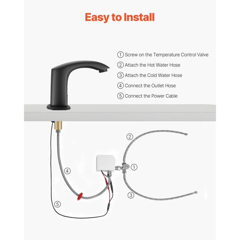 VEVOR Touchless Bathroom Sink Faucet, Automatic Motion Sensor Restroom Toilet Faucet with Hole Cover Plate, Battery Operated,Adjustable Temperature for 9/16 in Pipe Commercial Lavatory,Matte Black