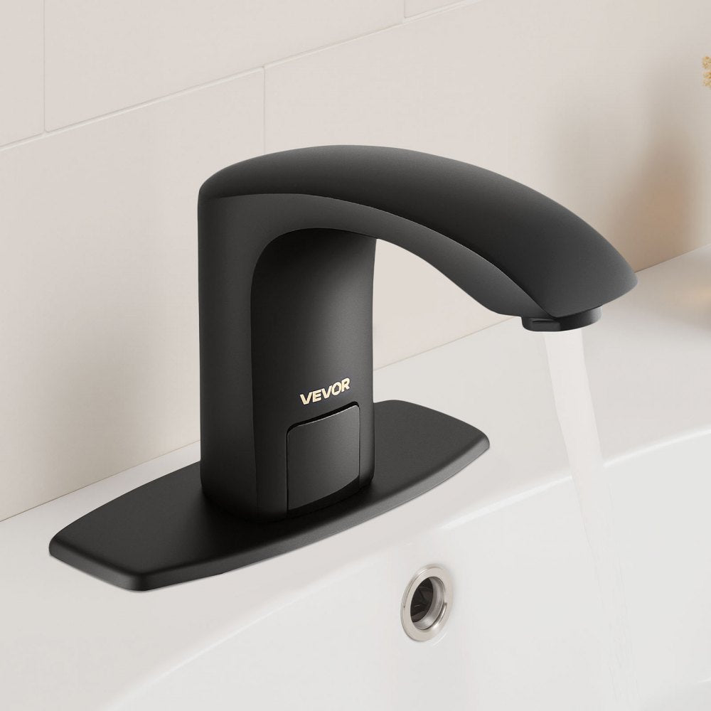 VEVOR Touchless Bathroom Sink Faucet, Automatic Motion Sensor Restroom Toilet Faucet with Hole Cover Plate, Battery Operated,Adjustable Temperature for 9/16 in Pipe Commercial Lavatory,Matte Black