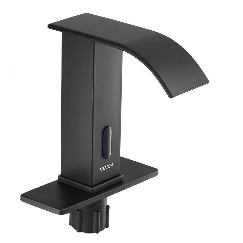 VEVOR Touchless Bathroom Sink Faucet, Automatic Motion Sensor Waterfall Restroom Toilet Faucet with Hole Cover Plate, Battery Operated,Hot/Cold Water for 9/16 in Pipe Commercial Lavatory,Matte Black