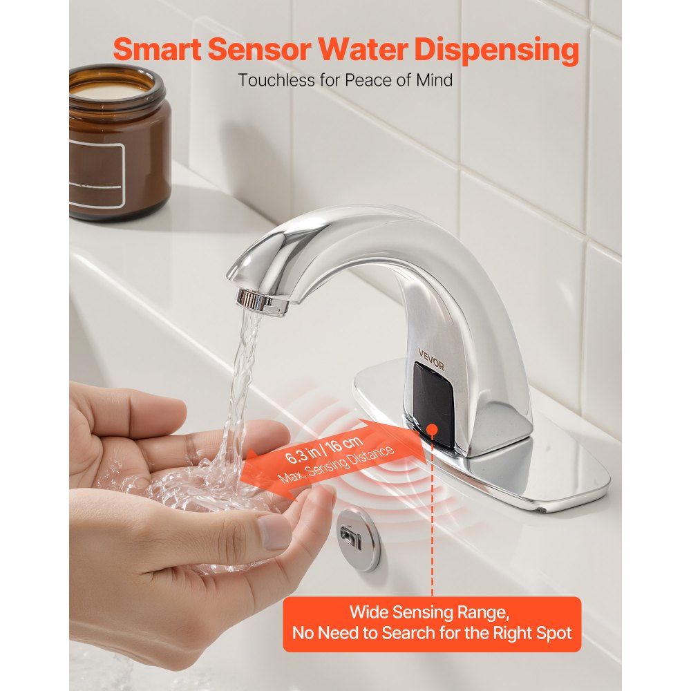 VEVOR Touchless Bathroom Sink Faucet, Automatic Motion Sensor Restroom Toilet Faucet with Hole Cover Plate, Battery Operated,Adjustable Temp for 9/16 in Pipe Commercial Lavatory,Chrome Plated Silver