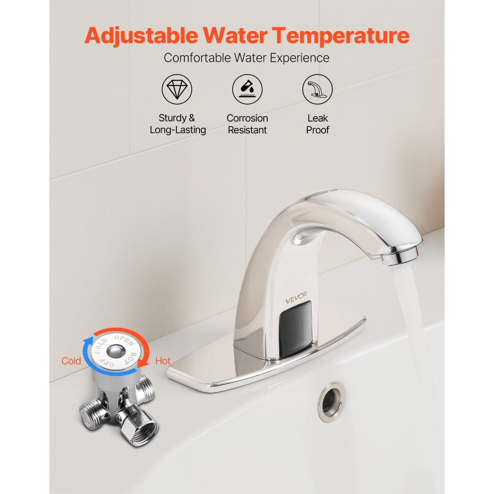 VEVOR Touchless Bathroom Sink Faucet, Automatic Motion Sensor Restroom Toilet Faucet with Hole Cover Plate, Battery Operated,Adjustable Temp for 9/16 in Pipe Commercial Lavatory,Chrome Plated Silver
