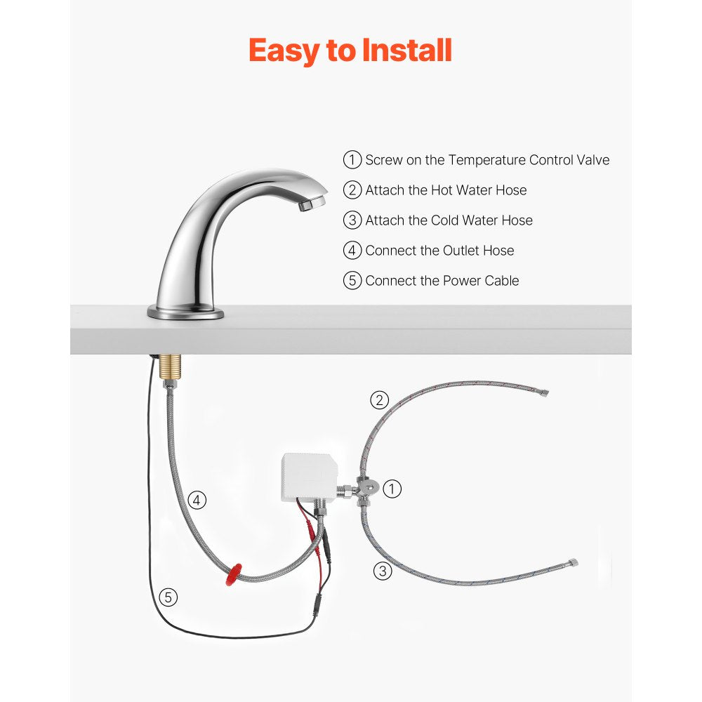 VEVOR Touchless Bathroom Sink Faucet, Automatic Motion Sensor Restroom Toilet Faucet with Hole Cover Plate, Battery Operated,Adjustable Temp for 9/16 in Pipe Commercial Lavatory,Chrome Plated Silver