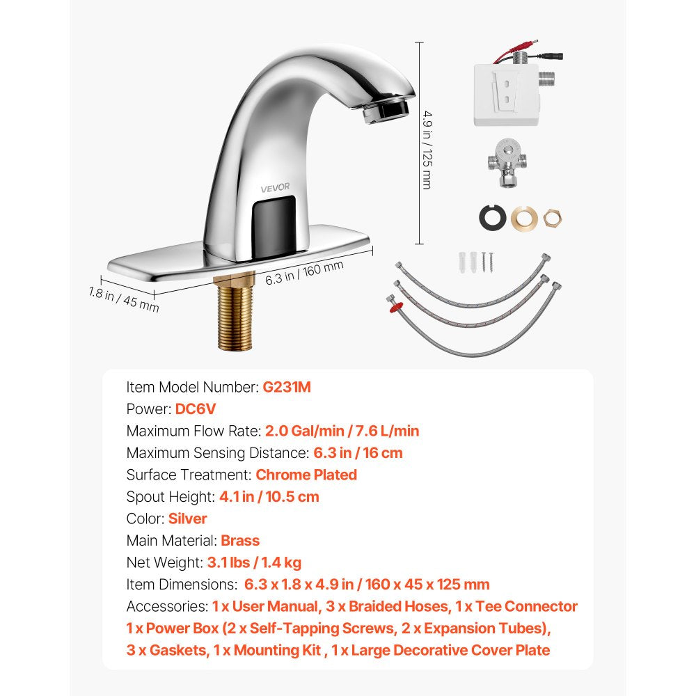 VEVOR Touchless Bathroom Sink Faucet, Automatic Motion Sensor Restroom Toilet Faucet with Hole Cover Plate, Battery Operated,Adjustable Temp for 9/16 in Pipe Commercial Lavatory,Chrome Plated Silver