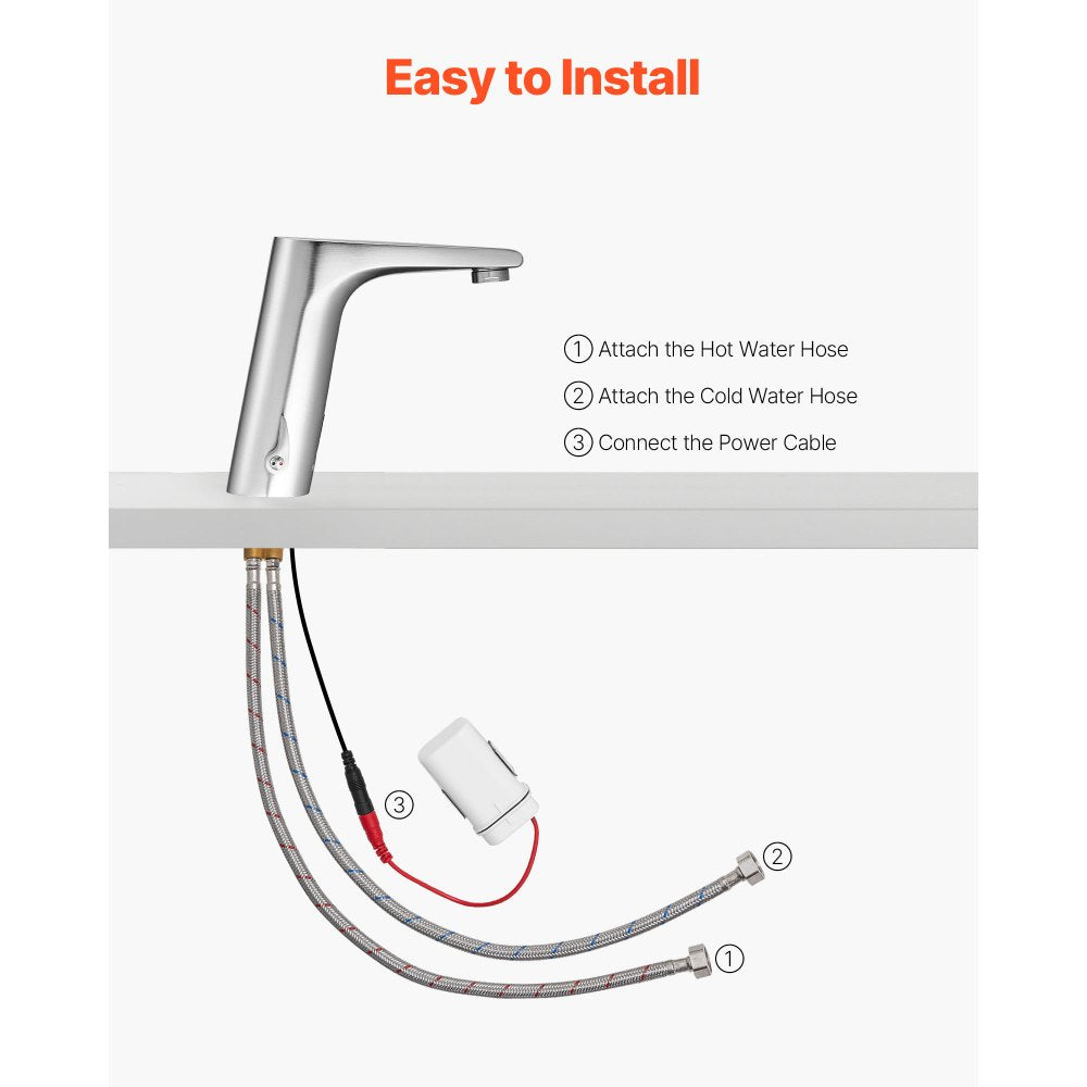 VEVOR Touchless Bathroom Sink Faucet, Automatic Motion Sensor Restroom Toilet Faucet, HandsFree Adjustable Cold Hot Single Handle Water Mixer Battery Operated for 9/16 in Pipe,Brushed Nickel Silver