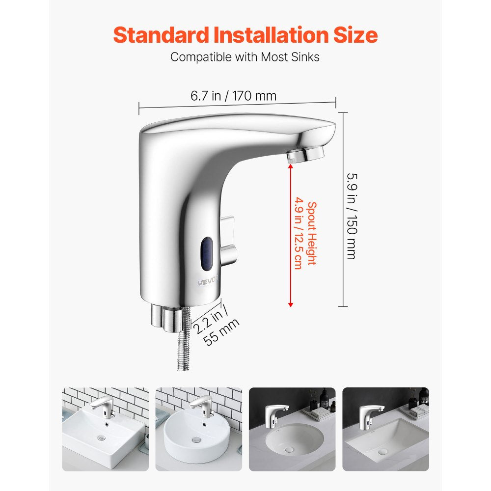 VEVOR Touchless Bathroom Sink Faucet, Automatic Motion Sensor Restroom Toilet Faucet, HandsFree Adjustable Cold Hot Single Handle Water Mixer Battery Operated for 9/16 in Pipe,Chrome Plated Silver