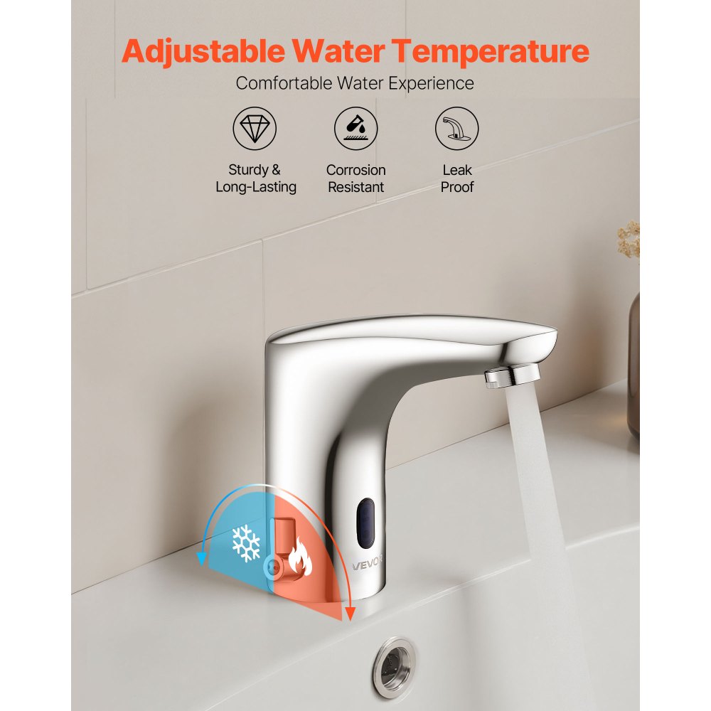 VEVOR Touchless Bathroom Sink Faucet, Automatic Motion Sensor Restroom Toilet Faucet, HandsFree Adjustable Cold Hot Single Handle Water Mixer Battery Operated for 9/16 in Pipe,Chrome Plated Silver