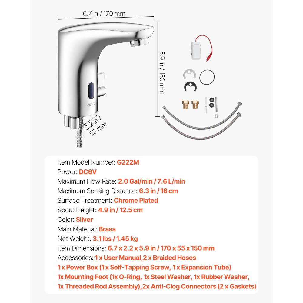 VEVOR Touchless Bathroom Sink Faucet, Automatic Motion Sensor Restroom Toilet Faucet, HandsFree Adjustable Cold Hot Single Handle Water Mixer Battery Operated for 9/16 in Pipe,Chrome Plated Silver
