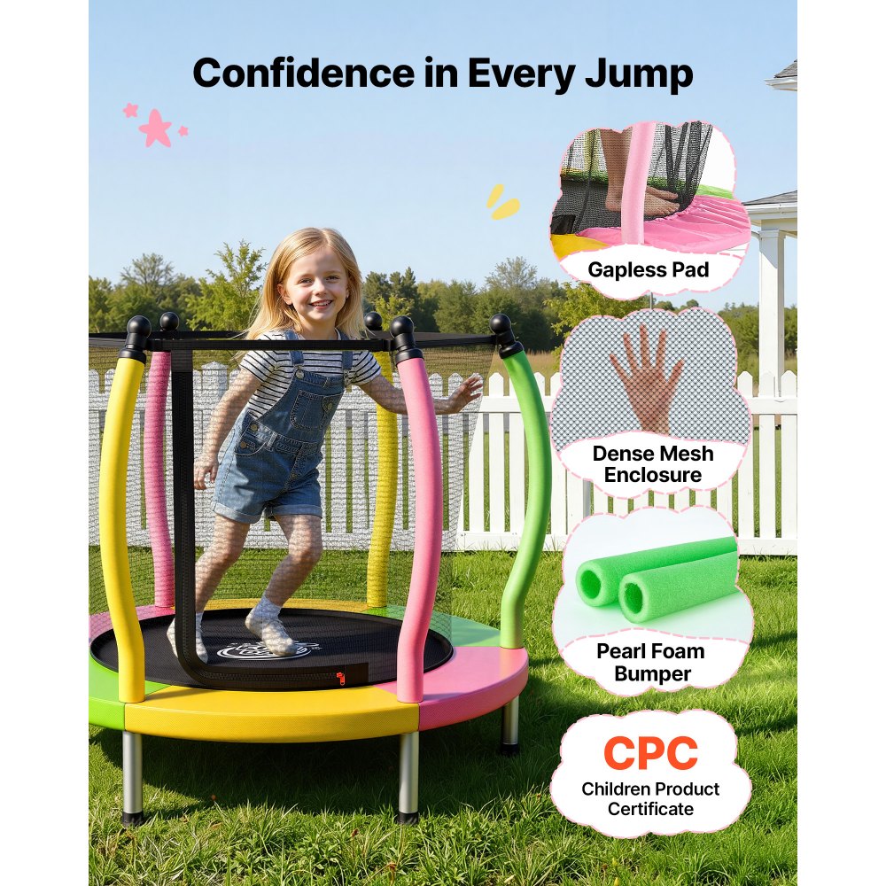 VEVOR Trampoline for Kids, Toddler Mini Trampoline, 132 lbs Capacity Indoor Outdoor Play Toys with Enclosure Net and Basketball Hoop, Easy to Assemble, Christmas Toys Birthday Gifts for Girls Boys