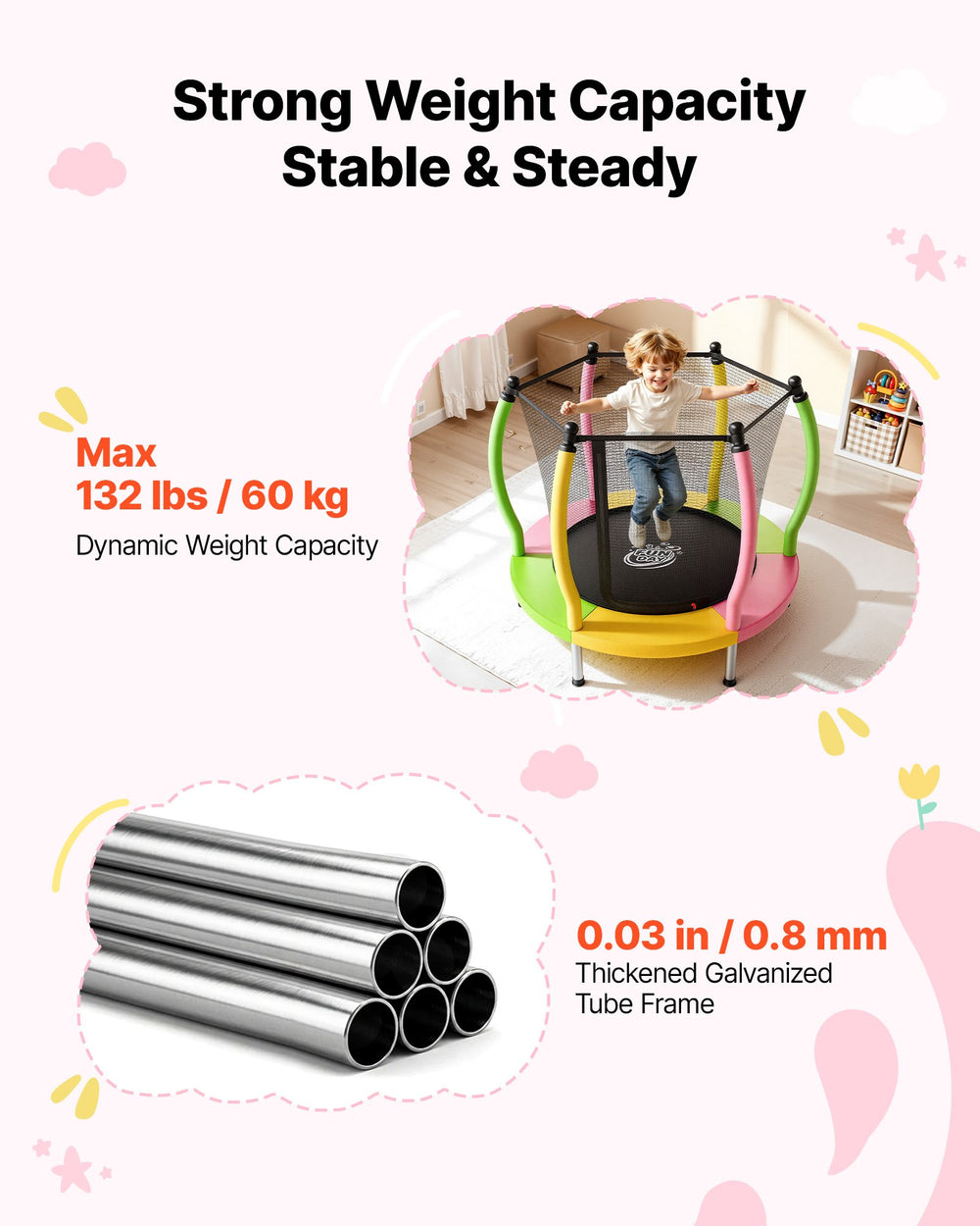 VEVOR Trampoline for Kids, Toddler Mini Trampoline, 132 lbs Capacity Indoor Outdoor Play Toys with Enclosure Net and Basketball Hoop, Easy to Assemble, Christmas Toys Birthday Gifts for Girls Boys
