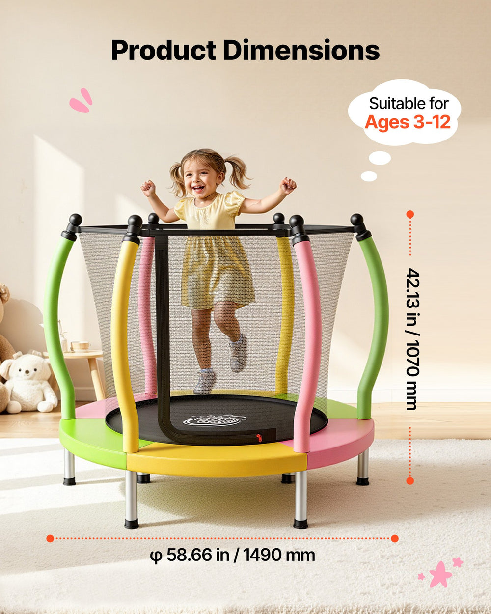 VEVOR Trampoline for Kids, Toddler Mini Trampoline, 132 lbs Capacity Indoor Outdoor Play Toys with Enclosure Net and Basketball Hoop, Easy to Assemble, Christmas Toys Birthday Gifts for Girls Boys