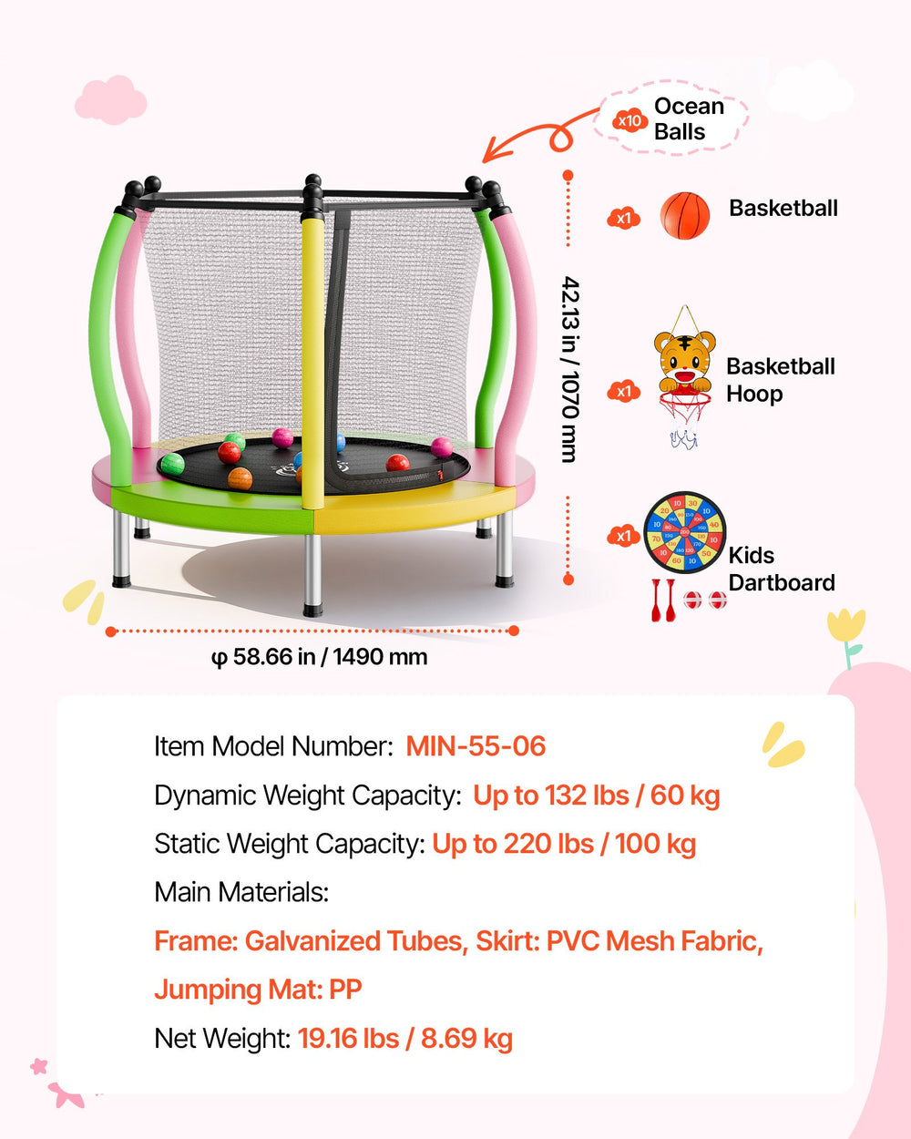 VEVOR Trampoline for Kids, Toddler Mini Trampoline, 132 lbs Capacity Indoor Outdoor Play Toys with Enclosure Net and Basketball Hoop, Easy to Assemble, Christmas Toys Birthday Gifts for Girls Boys