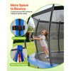 VEVOR outdoor trampoline with enclosure (informational image: safety buckles and heavy-duty zippers)