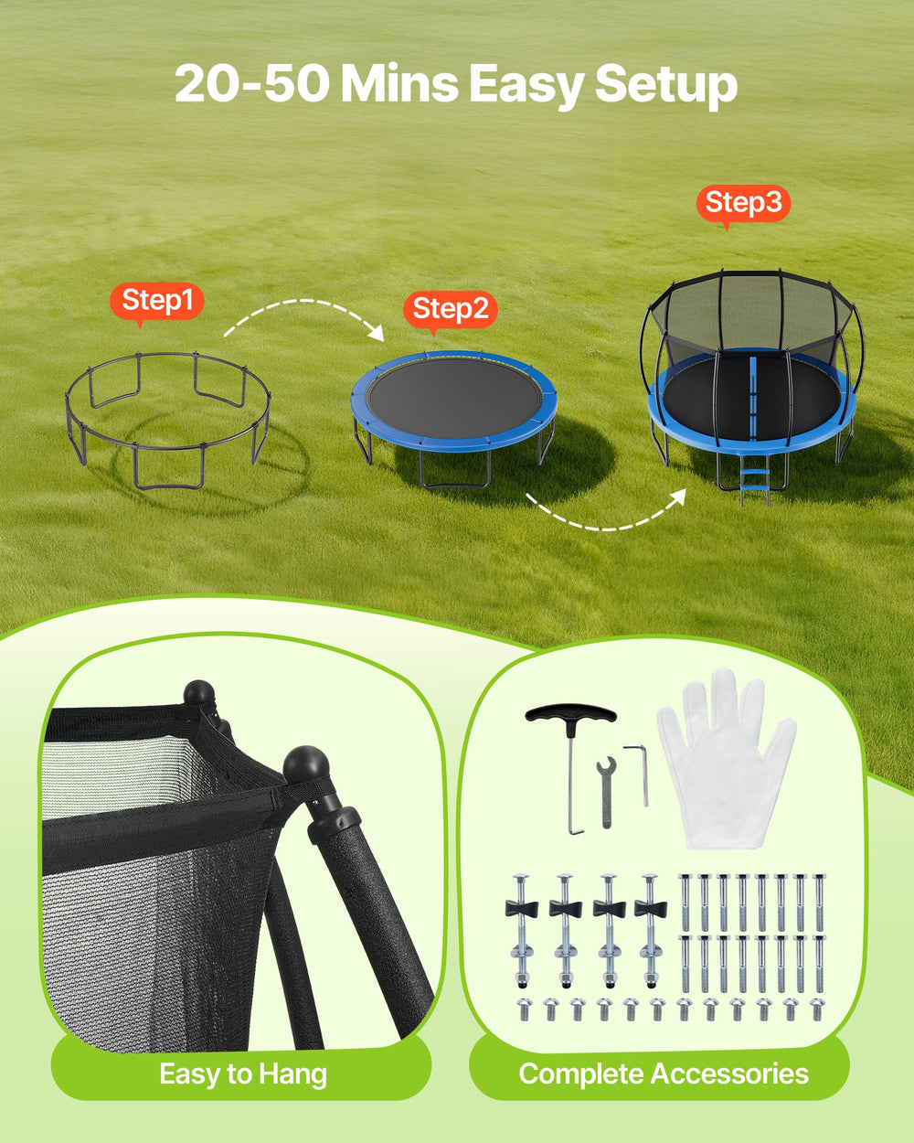 20-50 mins easy setup (assembly and accessories graphic)