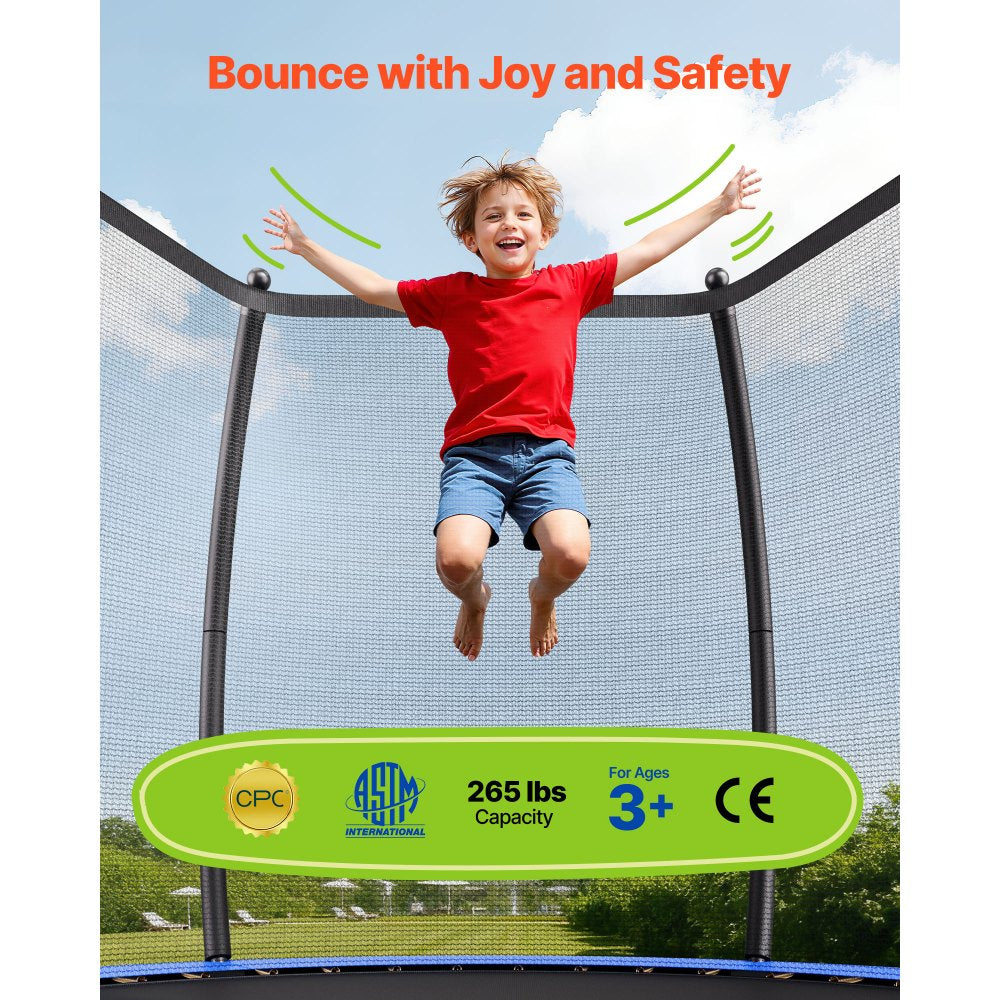 VEVOR Outdoor Trampoline, 8FT Recreational Trampoline, ASTM Approved Trampolines with Enclosure Net & Thickened Pad, Max 265 lbs Weight Capacity, Anti-Rust Backyard Trampolines for Kids & Adults