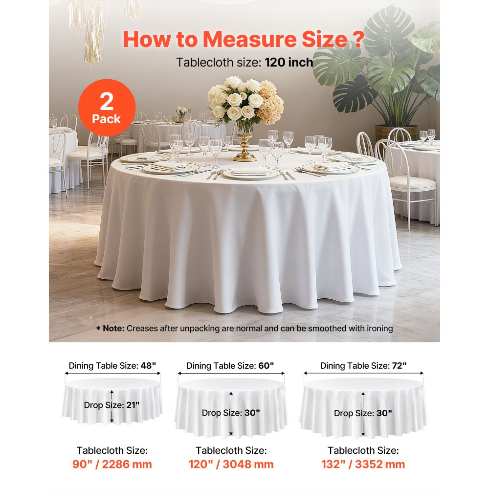 VEVOR White Round Tablecloths 2 Pack, 120 Inches in Diameter, Stain- & Wrinkle- Resistant, Machine Washable Table Clothes, Polyester Fabric Table Covers for Wedding, Party, Banquet, Formal Events