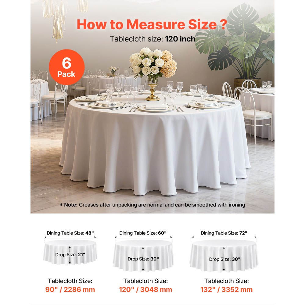 VEVOR White Round Tablecloths 6 Pack, 120 Inches in Diameter, Stain- & Wrinkle- Resistant, Machine Washable Table Clothes, Polyester Fabric Table Covers for Wedding, Party, Banquet, Formal Events