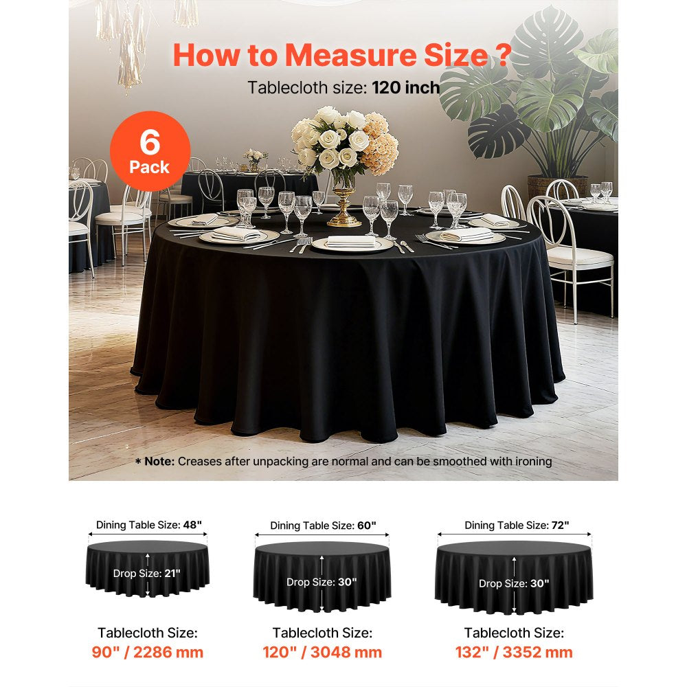 VEVOR Black Round Tablecloths 6 Pack, 120 Inches in Diameter, Stain- & Wrinkle- Resistant, Machine Washable Table Clothes, Polyester Fabric Table Covers for Wedding, Party, Banquet, Formal Events