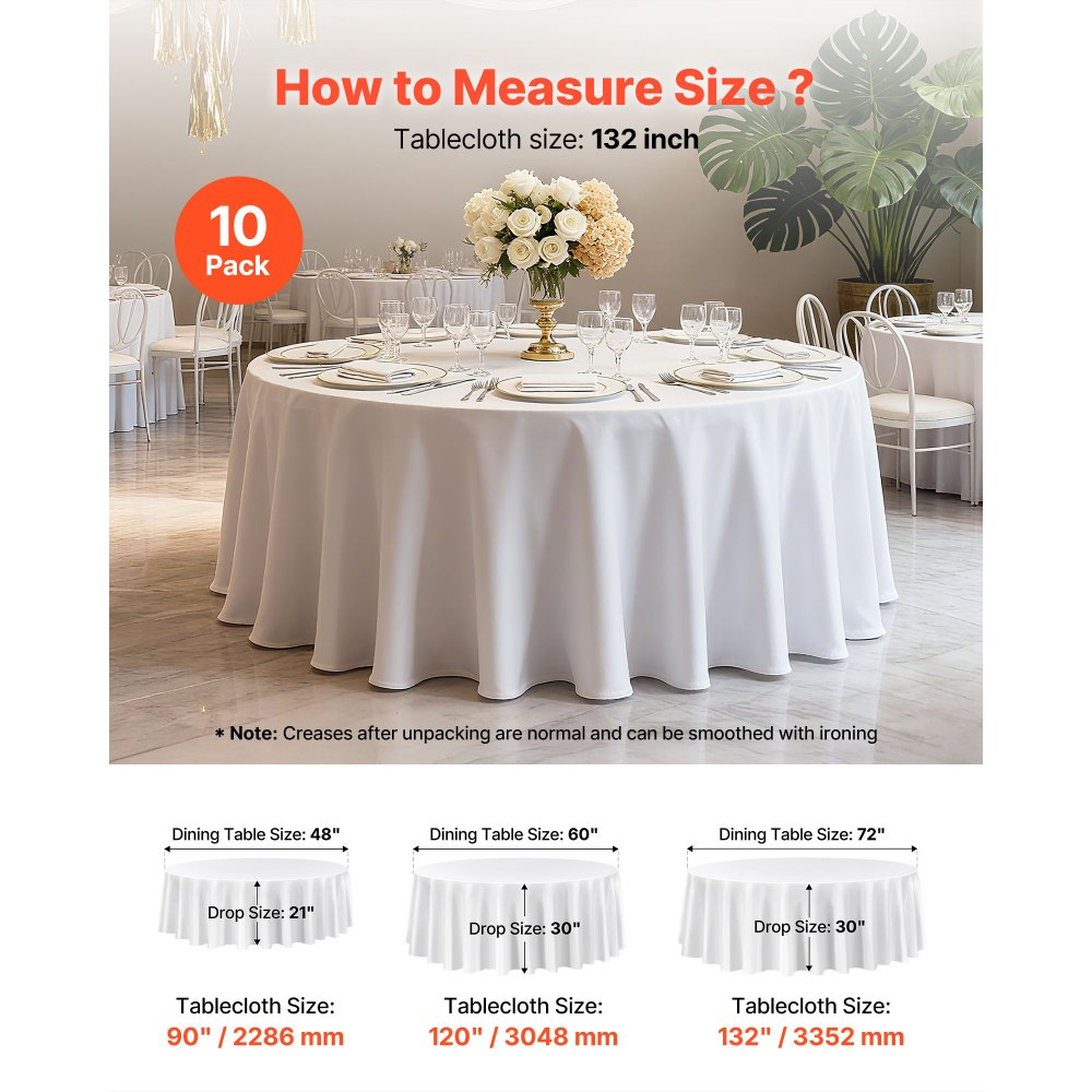 VEVOR White Round Tablecloths 10 Pack, 132 Inches in Diameter, Stain- & Wrinkle- Resistant, Machine Washable Table Clothes, Polyester Fabric Table Covers for Wedding, Party, Banquet, Formal Events