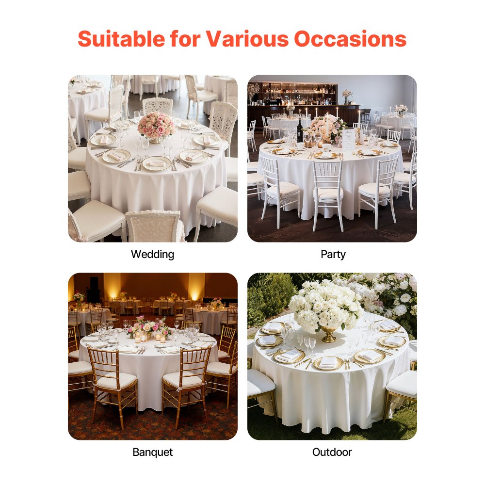 VEVOR White Round Tablecloths 6 Pack, 132 Inches in Diameter, Stain- & Wrinkle- Resistant, Machine Washable Table Clothes, Polyester Fabric Table Covers for Wedding, Party, Banquet, Formal Events