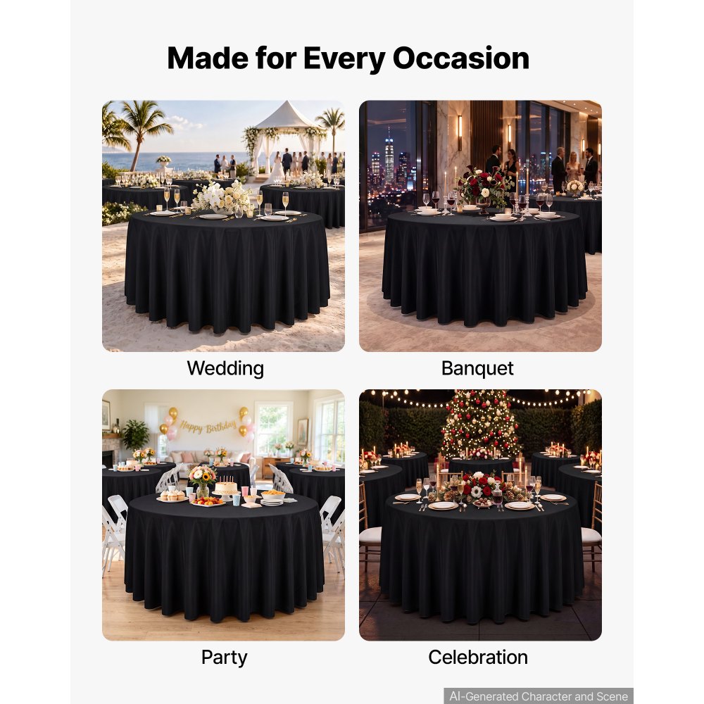 VEVOR Round Tablecloths, 132 in, 10 Pack Black, Polyester Fabric Covers, for Party Wedding Banquet Festival, Washable, Reusable Table Cloth with Neat Hems, Smooth Fabric, Even Drape