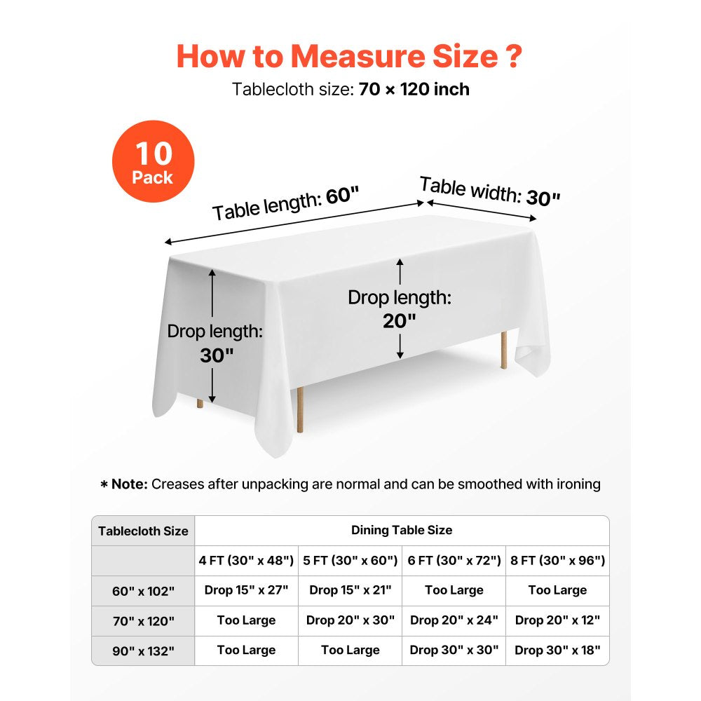 VEVOR White Tablecloths for Rectangle Tables, 10 Pack, 70 x 120 Inches, Reusable and Machine Washable Table Clothes, Wrinkle-Resistant Polyester Fabric Table Covers for Wedding, Party, Banquet