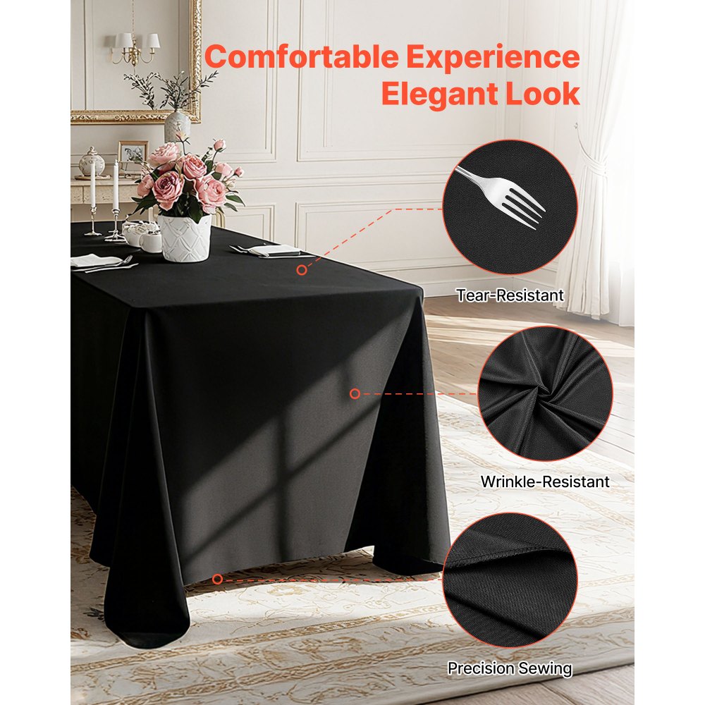 VEVOR Black Tablecloths for Rectangle Tables, 6 Pack, 70 x 120 Inches, Reusable and Machine Washable Table Clothes, Wrinkle-Resistant Polyester Fabric Table Covers for Wedding, Party, Banquet