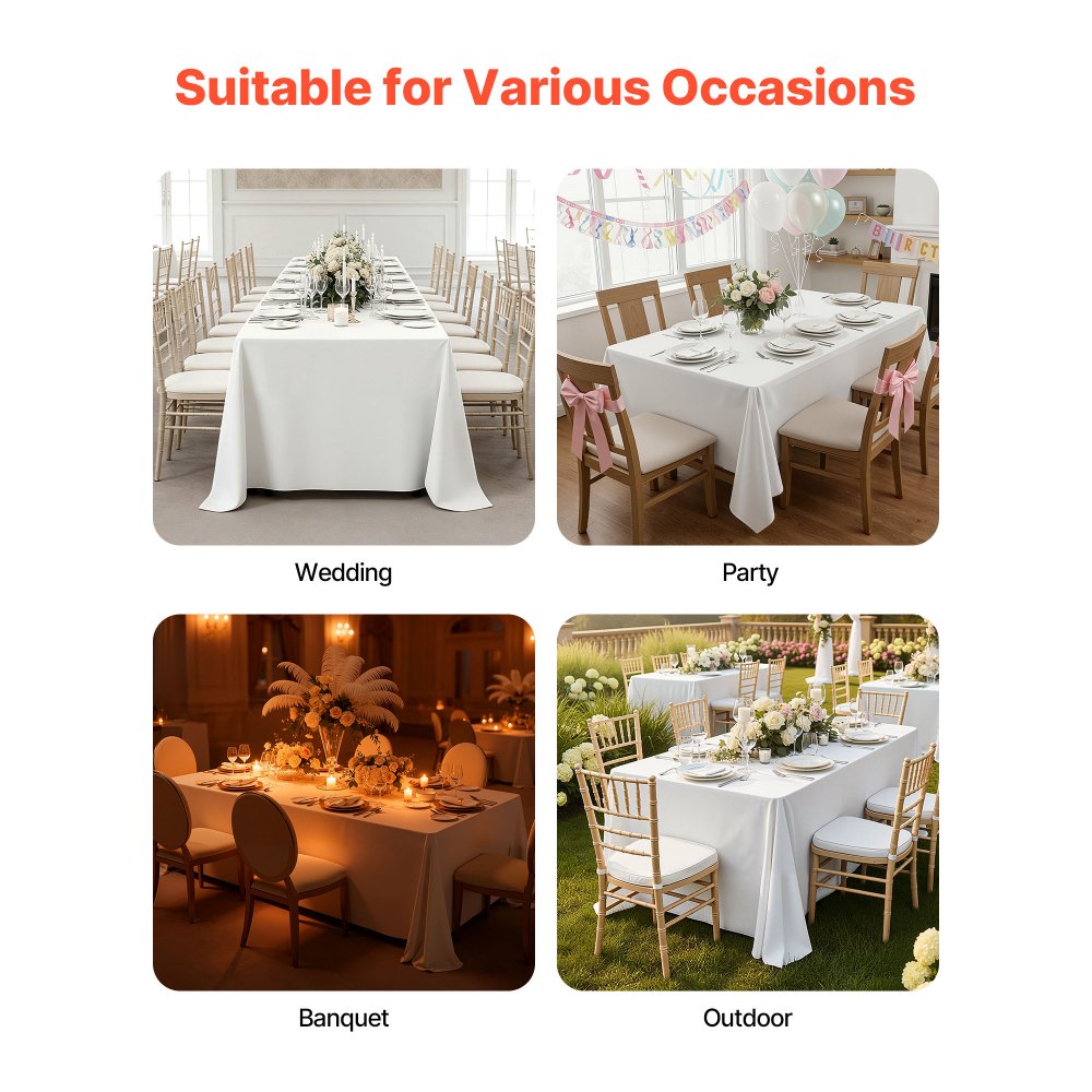 VEVOR White Tablecloths for Rectangle Tables, 6 Pack, 90 x 132 Inches, Reusable and Machine Washable Table Clothes, Wrinkle-Resistant Polyester Fabric Table Covers for Wedding, Party, Banquet