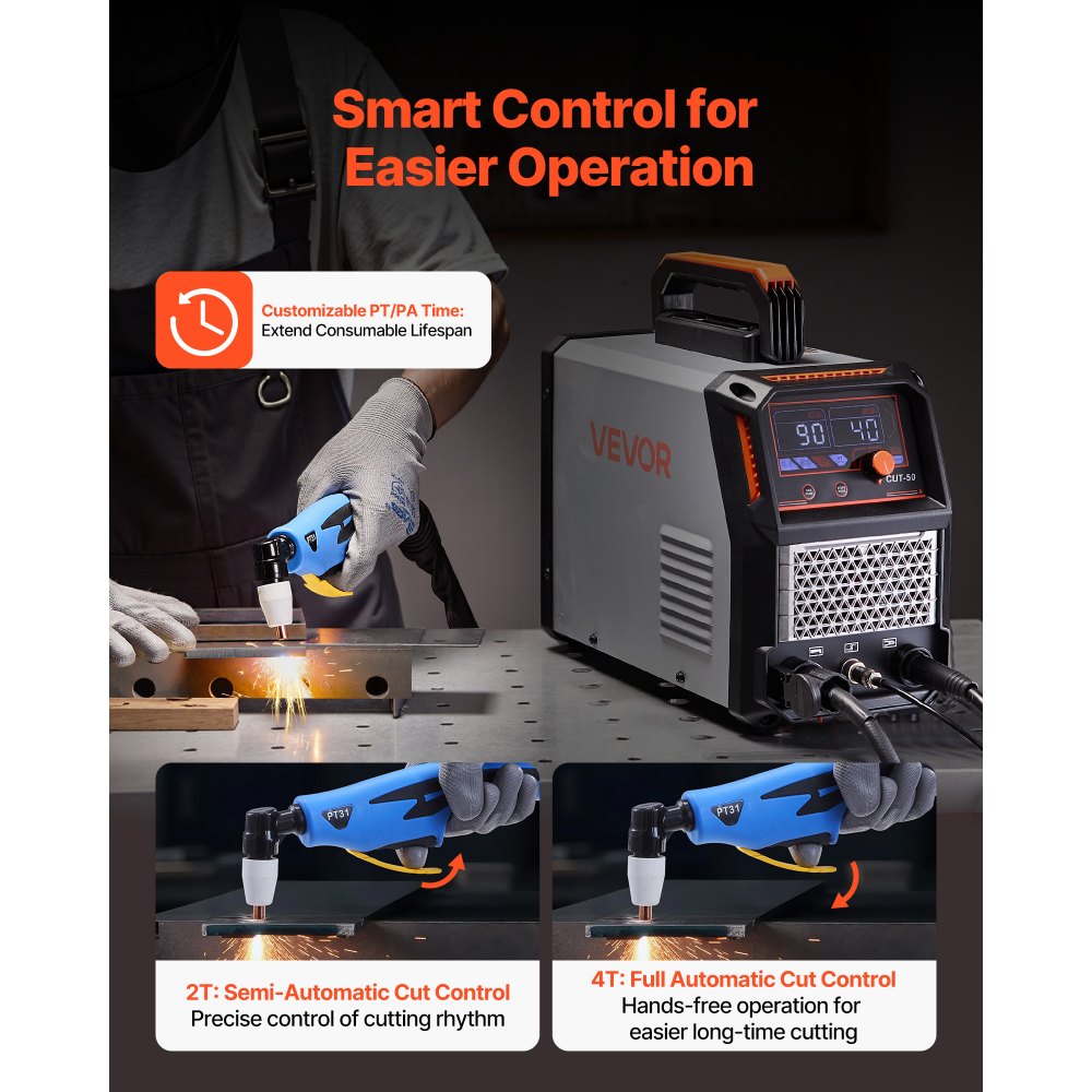 VEVOR Plasma Cutter, 50A Plasma Cutting Machine, 110V/220V Dual Voltage Digital Display IGBT Inverter - with 2T/4T Function & Adjustable PA/PT Time for Home Repairs, Workshops
