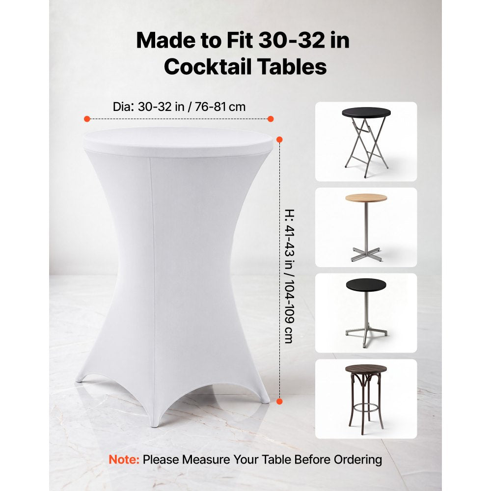 VEVOR Cocktail Tablecloth, 32 x 43 in, 6 Pack, White Stretch Spandex Covers, for Party Wedding Cocktail Banquet Festival, Washable, Reusable, High Top, Tight, Fitted Table Cloth with 4 Foot Pockets