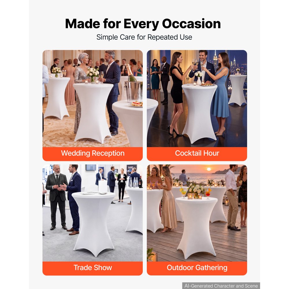 VEVOR Cocktail Tablecloth, 32 x 43 in, 6 Pack, White Stretch Spandex Covers, for Party Wedding Cocktail Banquet Festival, Washable, Reusable, High Top, Tight, Fitted Table Cloth with 4 Foot Pockets
