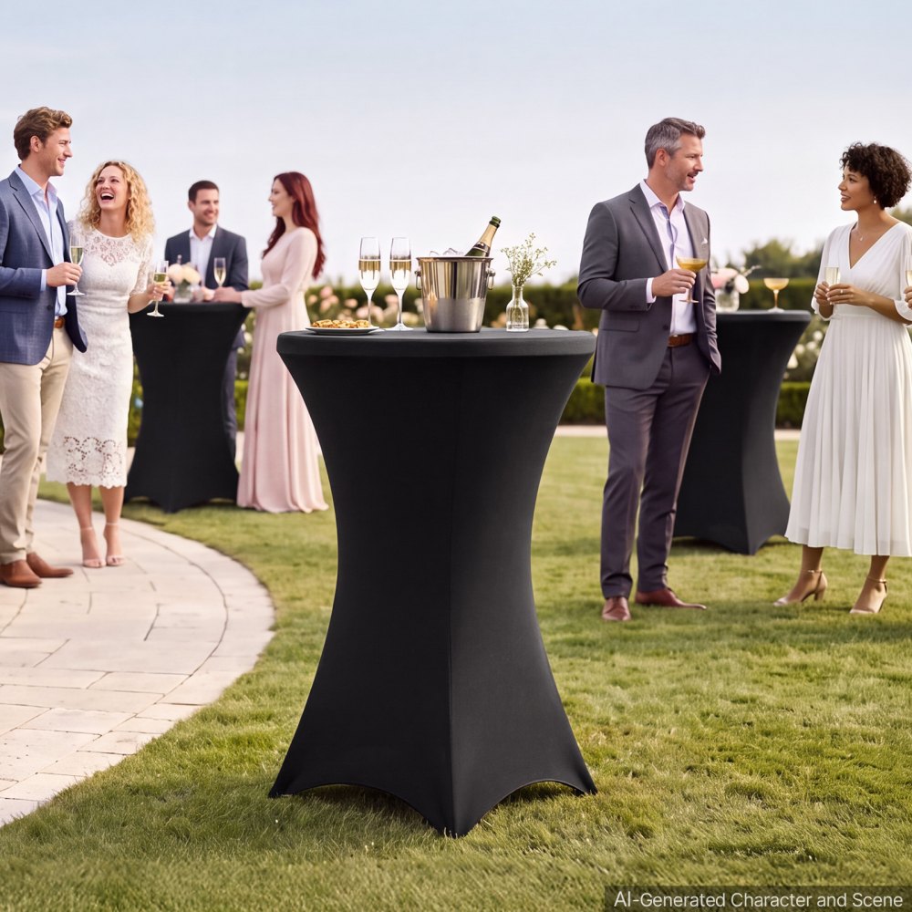 VEVOR Cocktail Tablecloth, 32 x 43 in, 6 Pack, Black Stretch Spandex Covers, for Party Wedding Cocktail Banquet Festival, Washable, Reusable, High Top, Tight, Fitted Table Cloth with 4 Foot Pockets