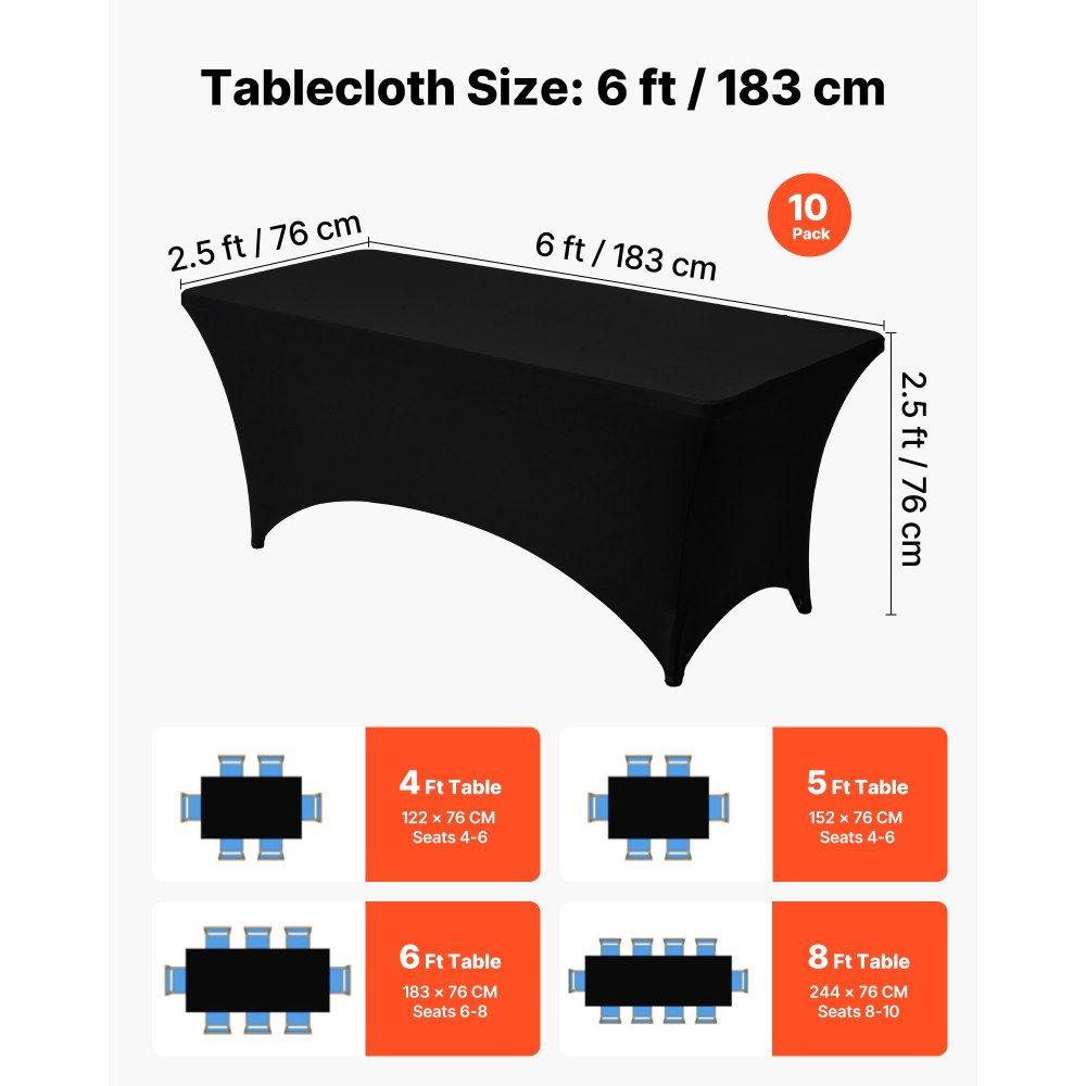VEVOR 10 Pack Table Cloth for 6FT Rectangular Fitted Events, Wrinkle-Resistant Stretch Black Table Covers, Washable Spandex Tablecloth Protector, for Party, Wedding, Cocktail, Banquet, Festival