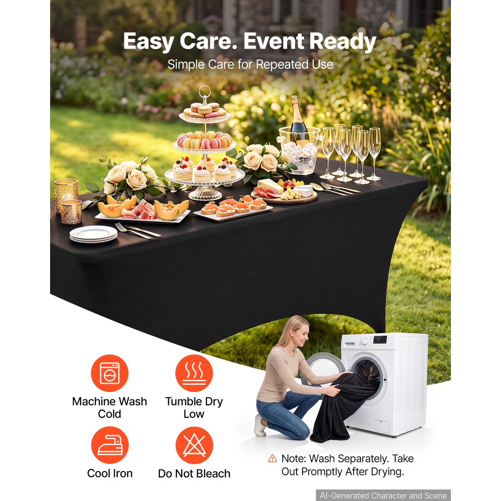 VEVOR Rectangular Spandex Tablecloths, 6 ft 12 Pack, Black Polyester Covers, for Party Wedding Banquet Festival, Tight, Fitted Table Cloth, Washable, Reusable, Wrinkle Resistant Table Cover