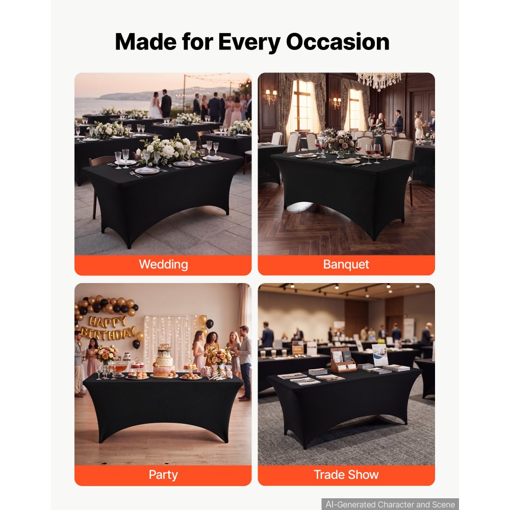 VEVOR Rectangular Spandex Tablecloths, 6 ft 12 Pack, Black Polyester Covers, for Party Wedding Banquet Festival, Tight, Fitted Table Cloth, Washable, Reusable, Wrinkle Resistant Table Cover