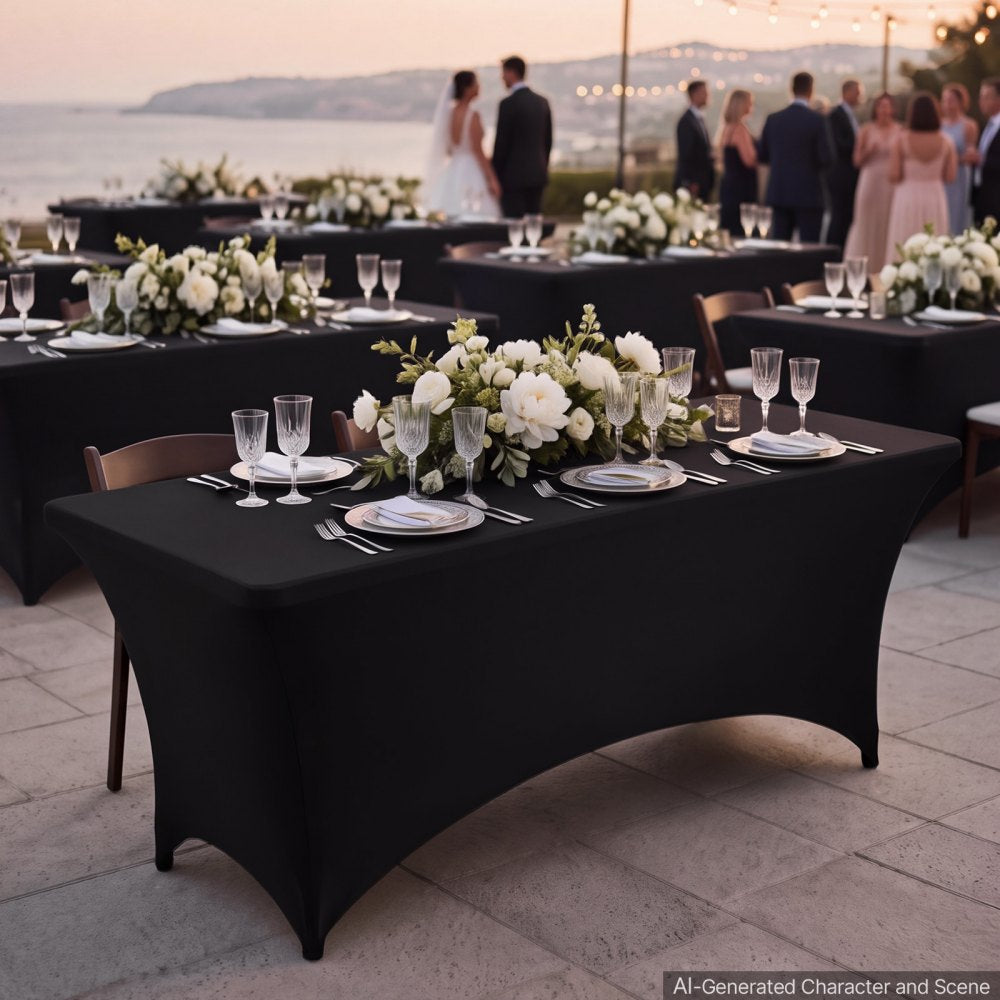 VEVOR Rectangular Spandex Tablecloths, 6 ft 12 Pack, Black Polyester Covers, for Party Wedding Banquet Festival, Tight, Fitted Table Cloth, Washable, Reusable, Wrinkle Resistant Table Cover