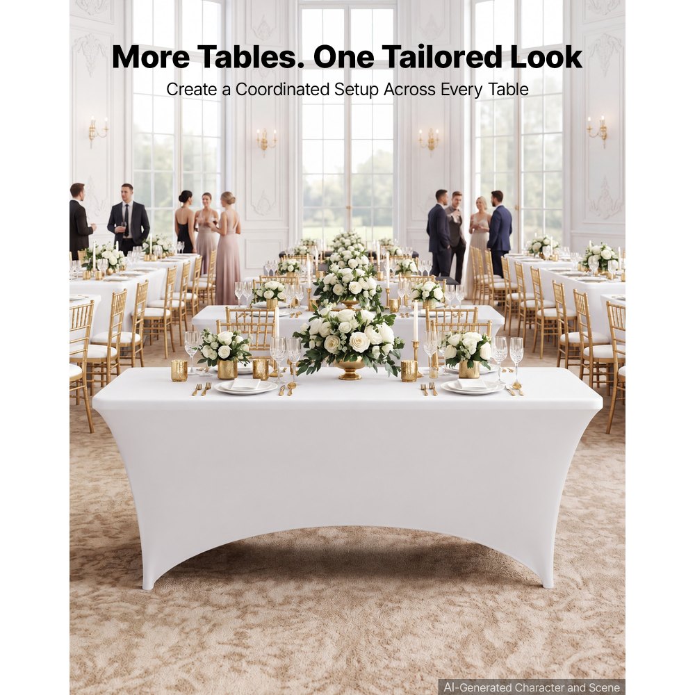 VEVOR Rectangular Spandex Tablecloths, 6 ft 12 Pack, White Polyester Covers, for Party Wedding Banquet Festival, Tight, Fitted Table Cloth, Washable, Reusable, Wrinkle Resistant Table Cover