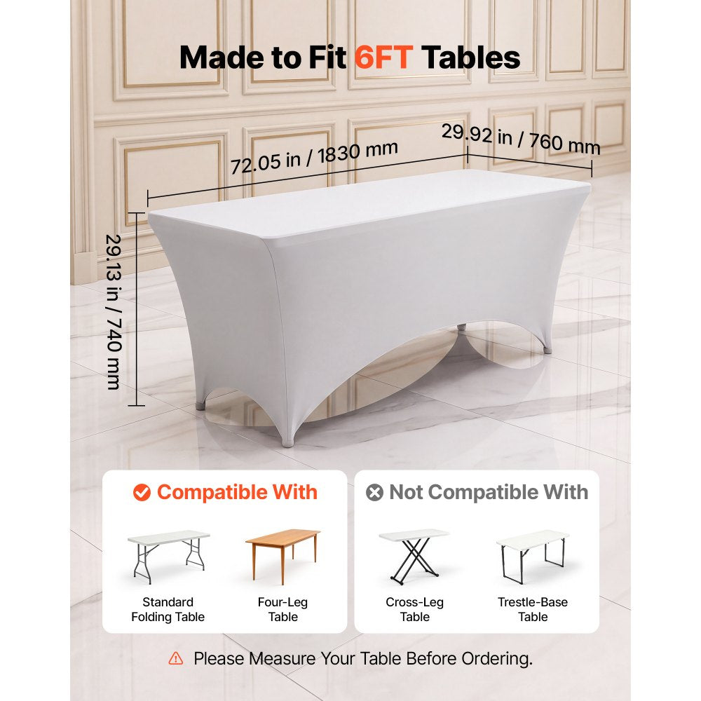 VEVOR Rectangular Spandex Tablecloths, 6 ft 12 Pack, White Polyester Covers, for Party Wedding Banquet Festival, Tight, Fitted Table Cloth, Washable, Reusable, Wrinkle Resistant Table Cover