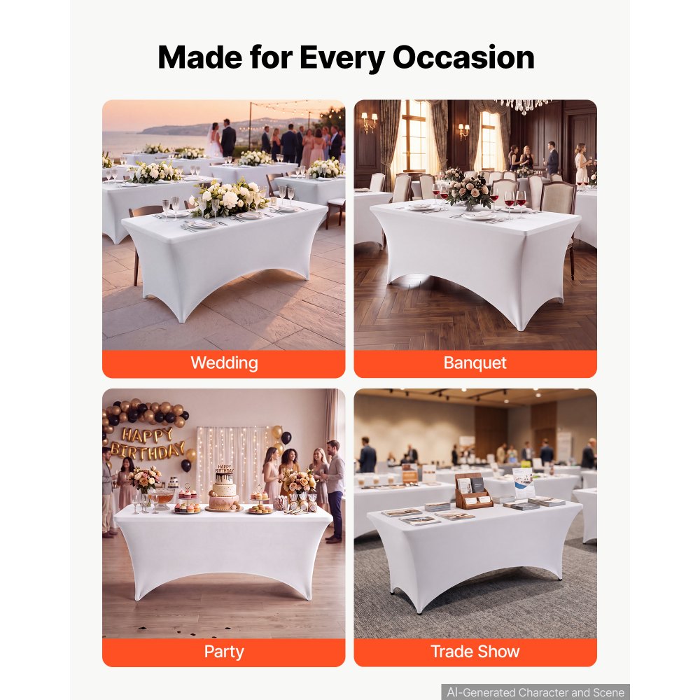 VEVOR Rectangular Spandex Tablecloths, 6 ft 12 Pack, White Polyester Covers, for Party Wedding Banquet Festival, Tight, Fitted Table Cloth, Washable, Reusable, Wrinkle Resistant Table Cover