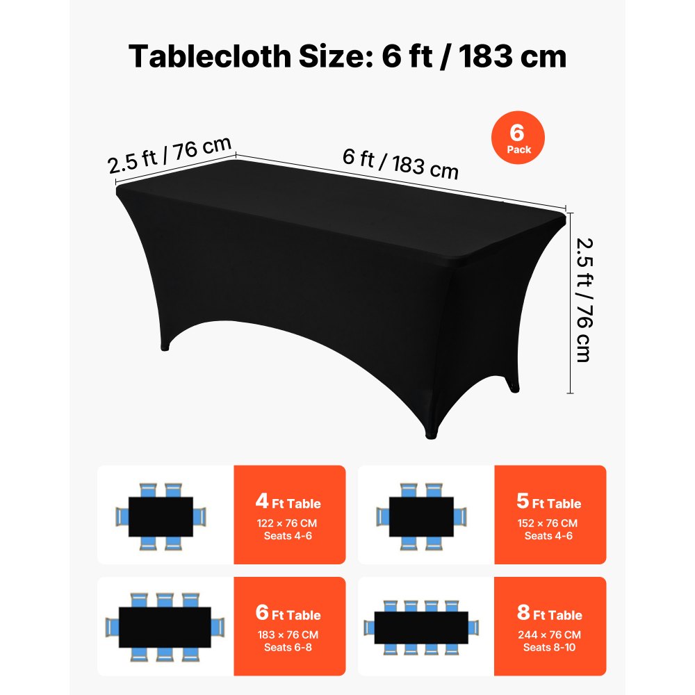 VEVOR 6 Pack Table Cloth for 6FT Rectangular Fitted Events, Wrinkle-Resistant Stretch Black Table Covers, Washable Spandex Tablecloth Protector, for Party, Wedding, Cocktail, Banquet, Festival