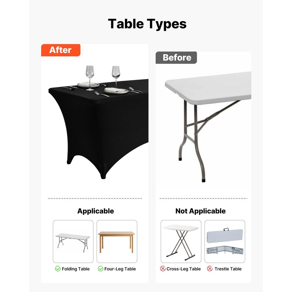 VEVOR 6 Pack Table Cloth for 6FT Rectangular Fitted Events, Wrinkle-Resistant Stretch Black Table Covers, Washable Spandex Tablecloth Protector, for Party, Wedding, Cocktail, Banquet, Festival