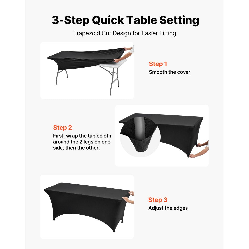 VEVOR 6 Pack Table Cloth for 6FT Rectangular Fitted Events, Wrinkle-Resistant Stretch Black Table Covers, Washable Spandex Tablecloth Protector, for Party, Wedding, Cocktail, Banquet, Festival