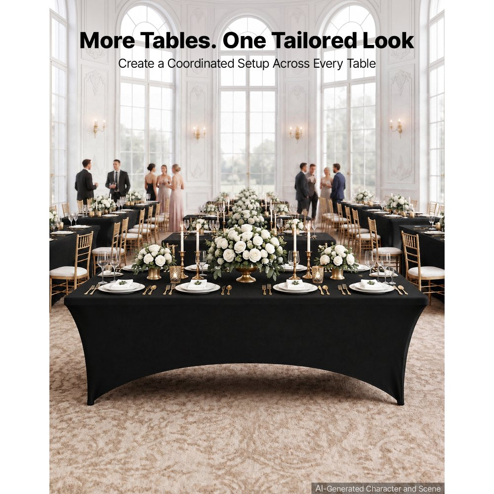 VEVOR Rectangular Spandex Tablecloths, 8 ft 10 Pack, Black Polyester Covers, for Party Wedding Banquet Festival, Tight, Fitted Table Cloth, Washable, Reusable, Wrinkle Resistant Table Cover