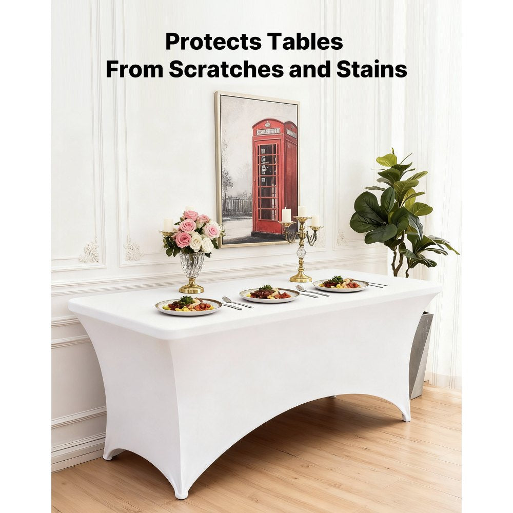 VEVOR 6 Pack Table Cloth for 8FT Rectangular Fitted Events, Wrinkle-Resistant Stretch White Table Covers, Washable Spandex Tablecloth Protector, for Party, Wedding, Cocktail, Banquet, Festival