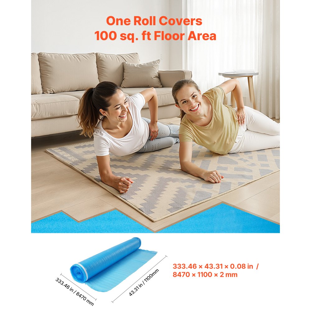 VEVOR Floor Underlayment 300 sq. ft, 3-in-1 2 mm Thick Flooring Padding with Tape & Vapor Barrier, Heavy Duty EPE Foam Soundproofing & Noise Reduction, for Laminate Wood (3 Rolls x 100 sq. ft)