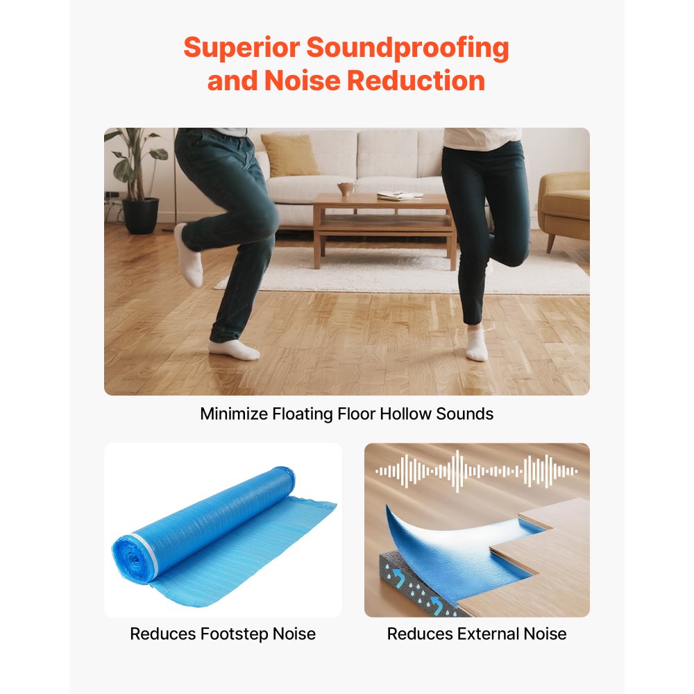 VEVOR Floor Underlayment 300 sq. ft, 3-in-1 2 mm Thick Flooring Padding with Tape & Vapor Barrier, Heavy Duty EPE Foam Soundproofing & Noise Reduction, for Laminate Wood (3 Rolls x 100 sq. ft)