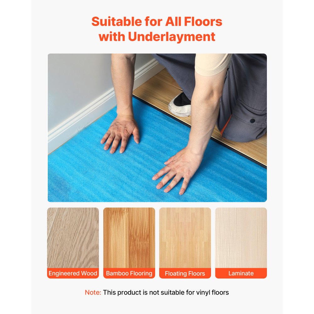 VEVOR Floor Underlayment 300 sq. ft, 3-in-1 2 mm Thick Flooring Padding with Tape & Vapor Barrier, Heavy Duty EPE Foam Soundproofing & Noise Reduction, for Laminate Wood (3 Rolls x 100 sq. ft)