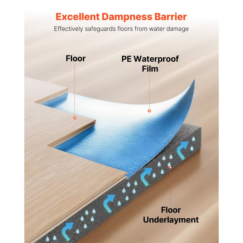 VEVOR Floor Underlayment 600 sq. ft, 3-in-1 2 mm Thick Flooring Padding with Tape & Vapor Barrier, Heavy Duty EPE Foam Soundproofing & Noise Reduction, for Laminate Wood (6 Rolls x 100 sq. ft)